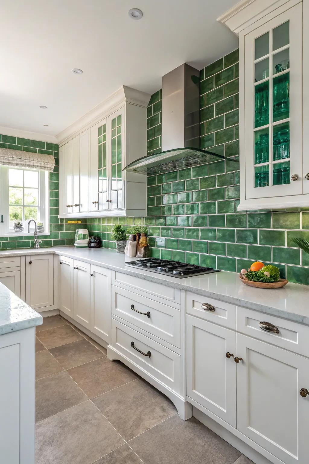 Viridescent tiles introduce a soothing element into this contemporary white kitchen.