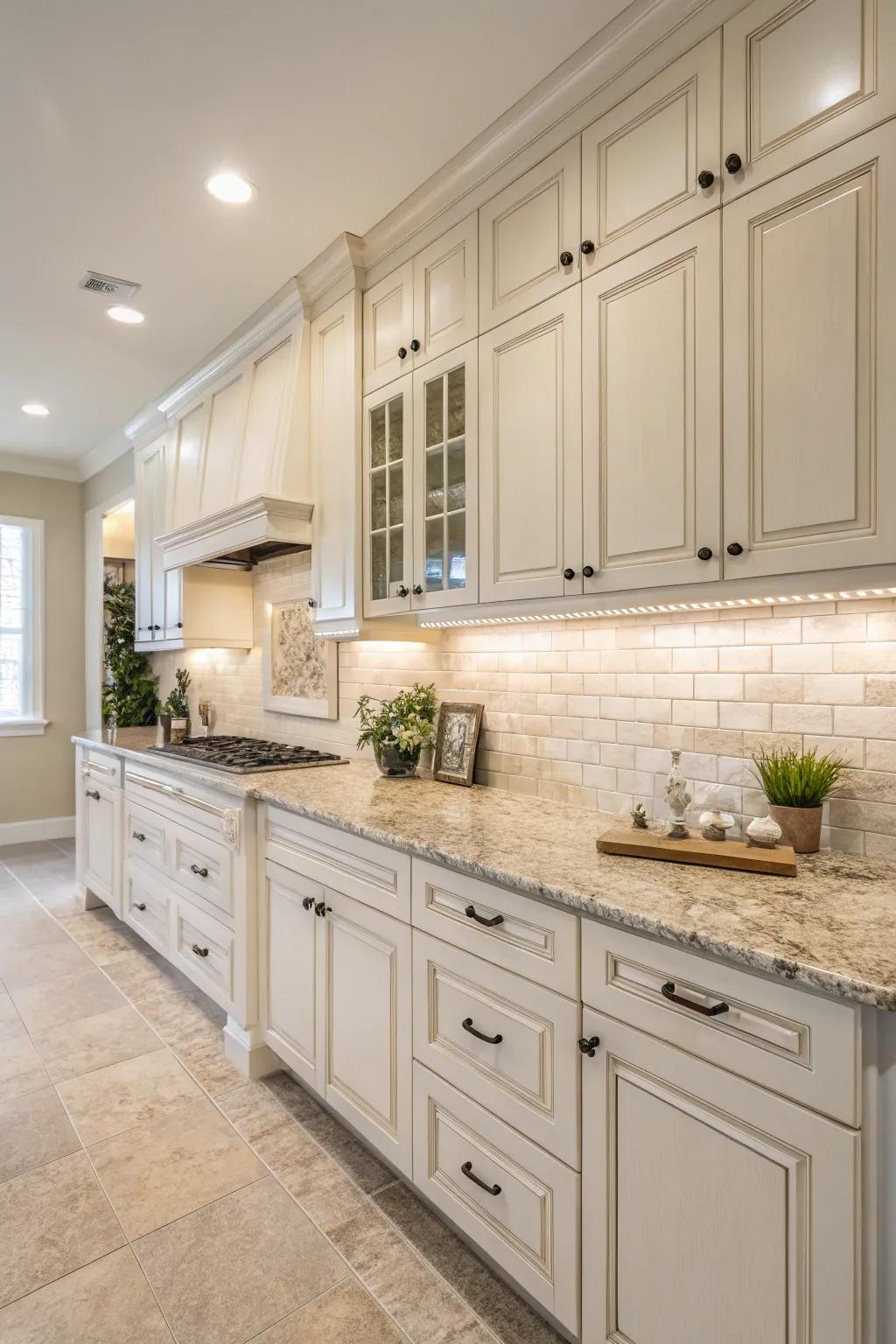 The kitchen's color scheme is kept classy and timeless by neutral tones.
