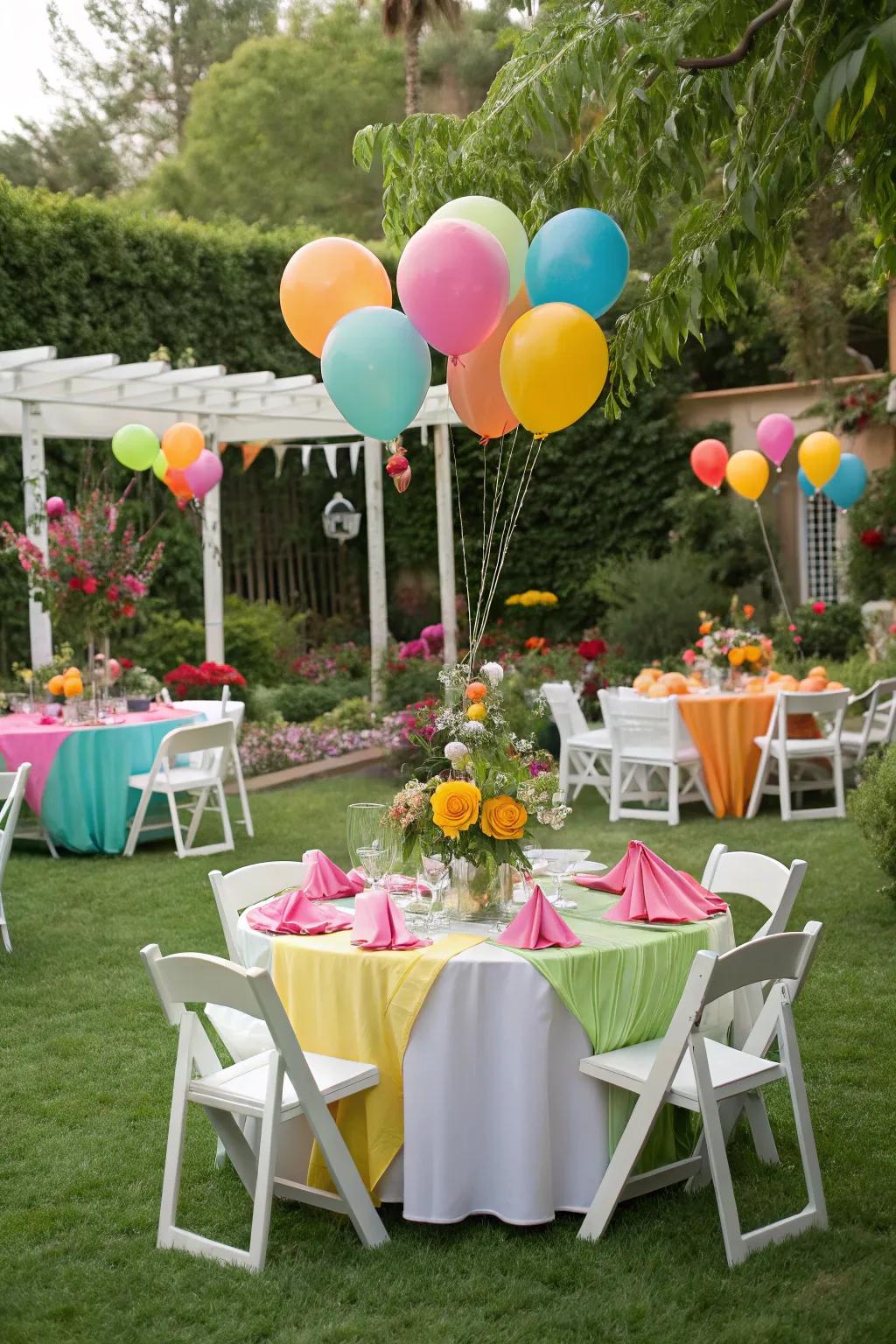 Vibrant globes and linen squares introduce a burst of color to the garden celebration.