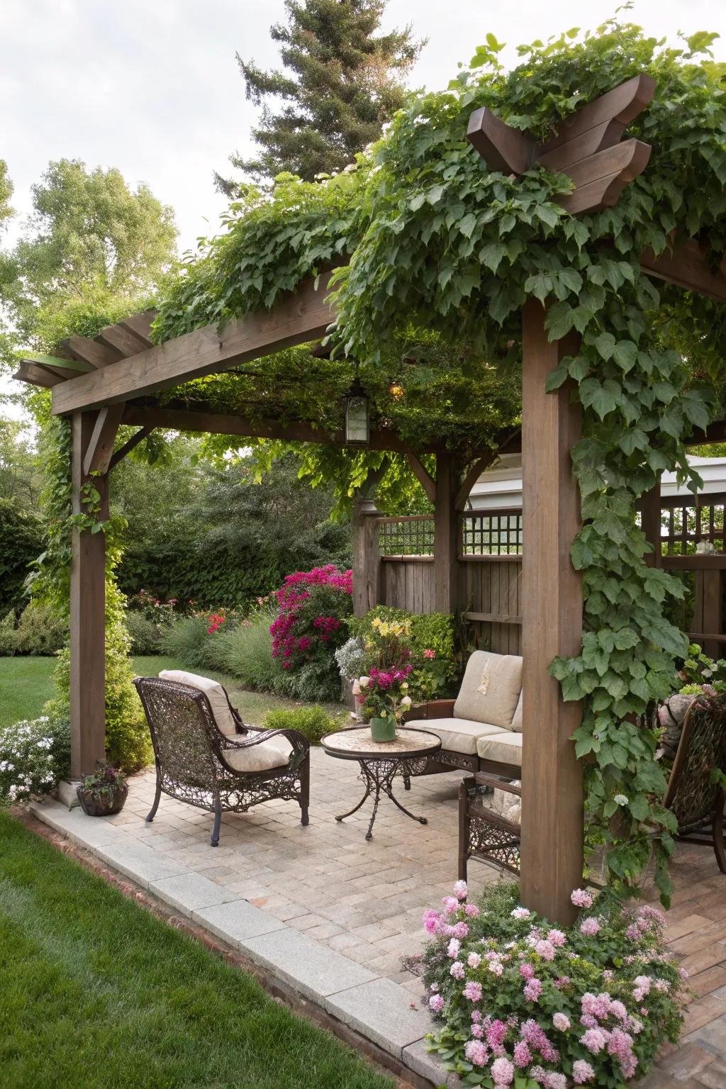 An arbor lends shade and a stunning focal point in any backyard.