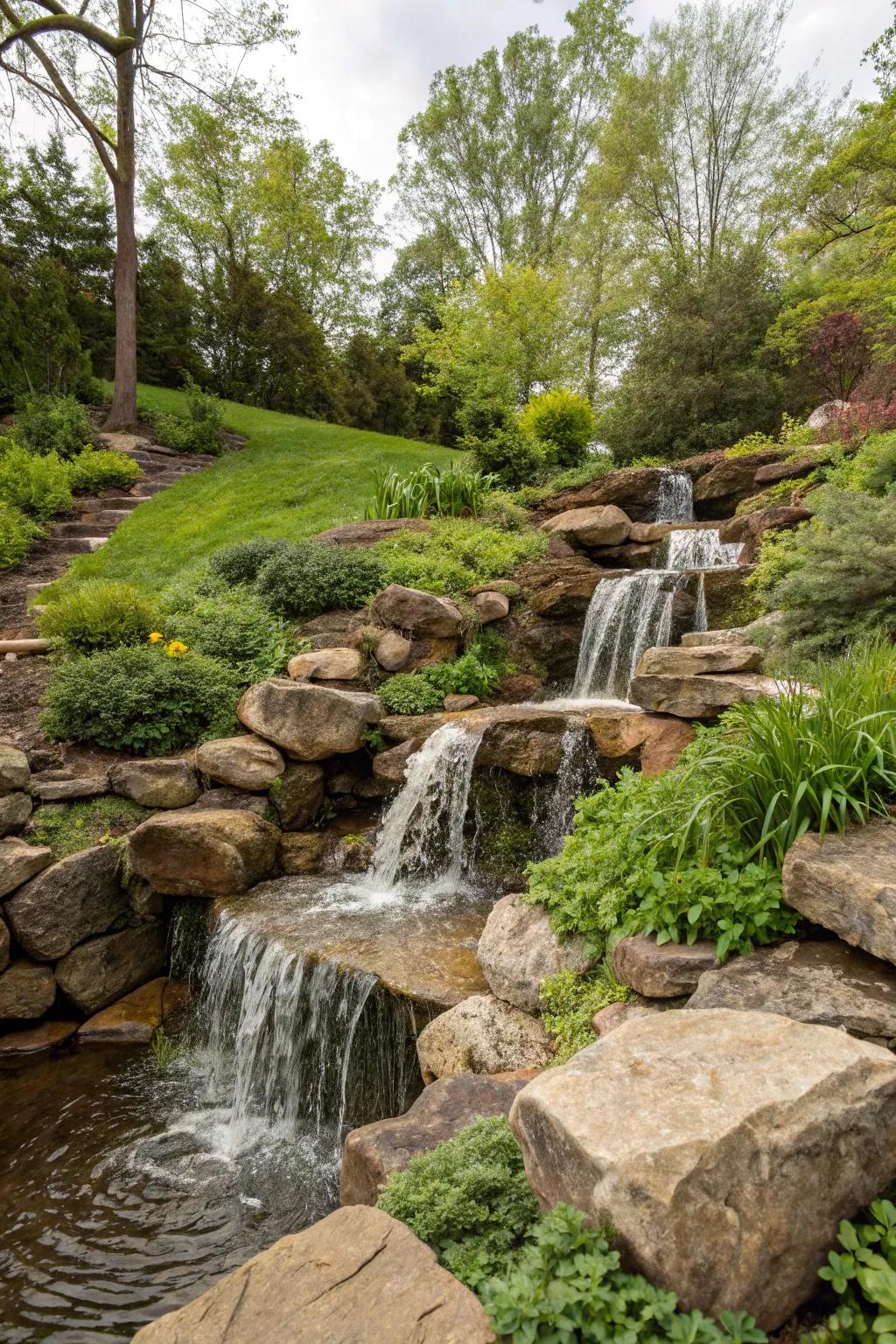 A waterfall introduces a serene ambiance to any sloped garden.