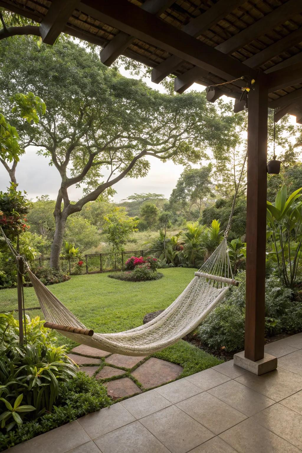 A comfy hammock tempting you to unwind in a backyard veranda.