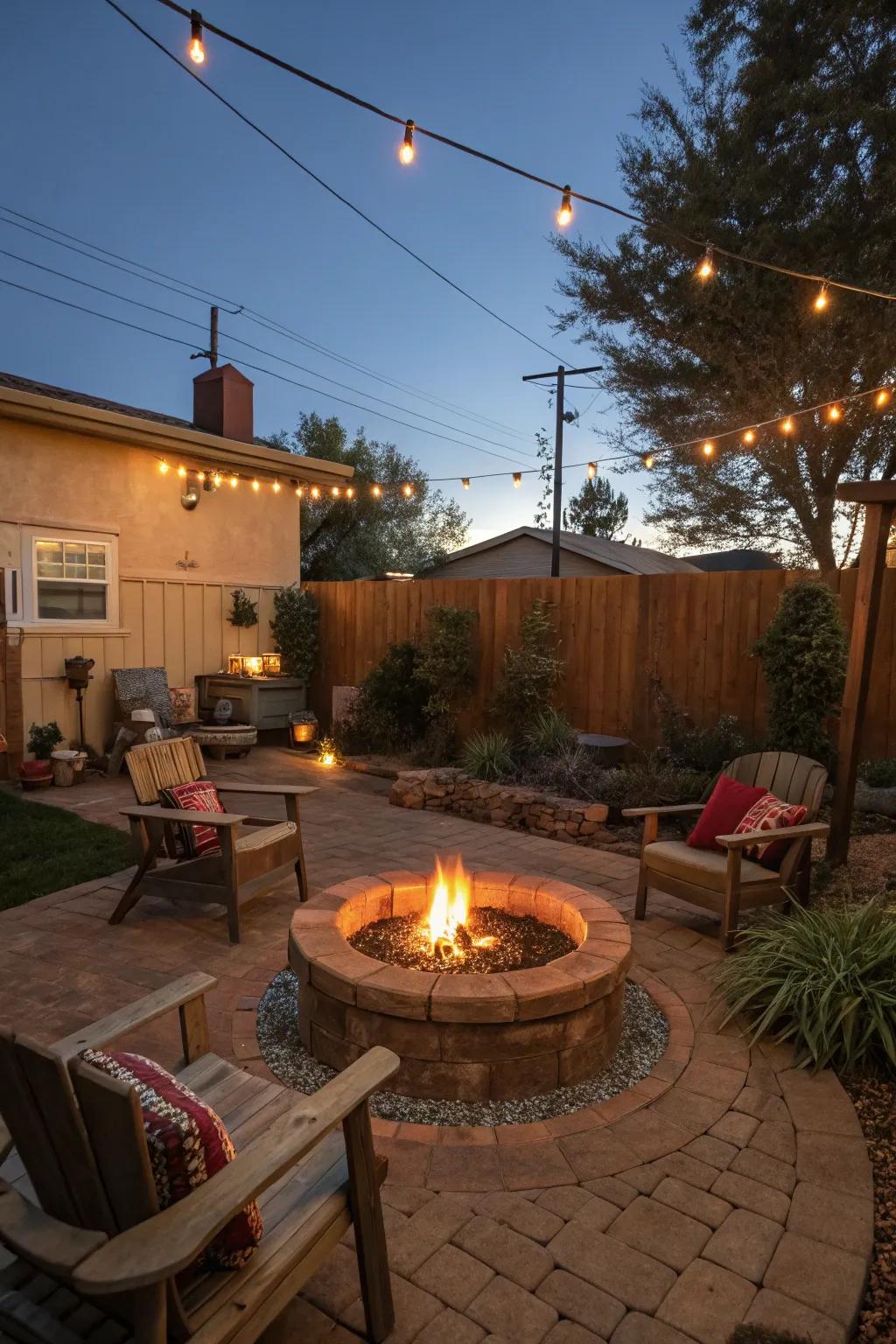 A hearth pit delivers warmth and character for nighttime unwinding.