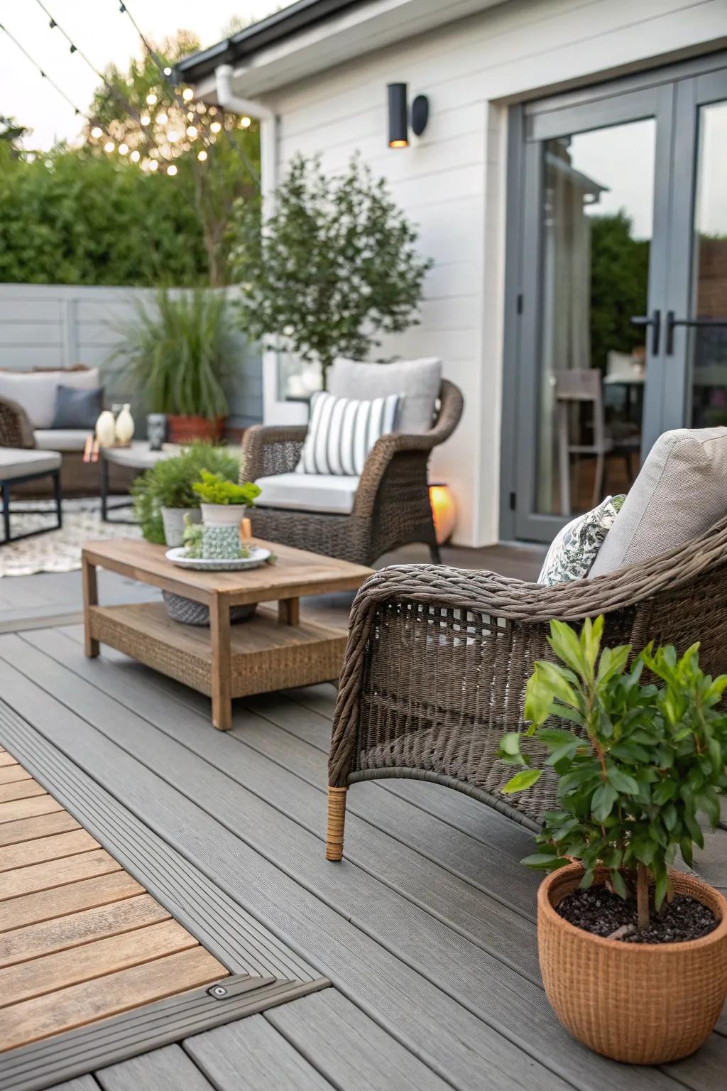 Composite decking melds resilience with beauty for a low-maintenance patio.