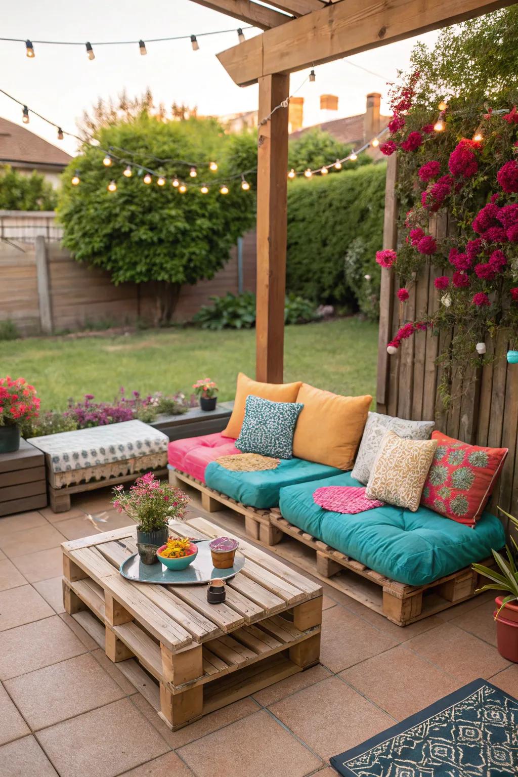 Skids converted into cozy outdoor seating with colorful pillows.