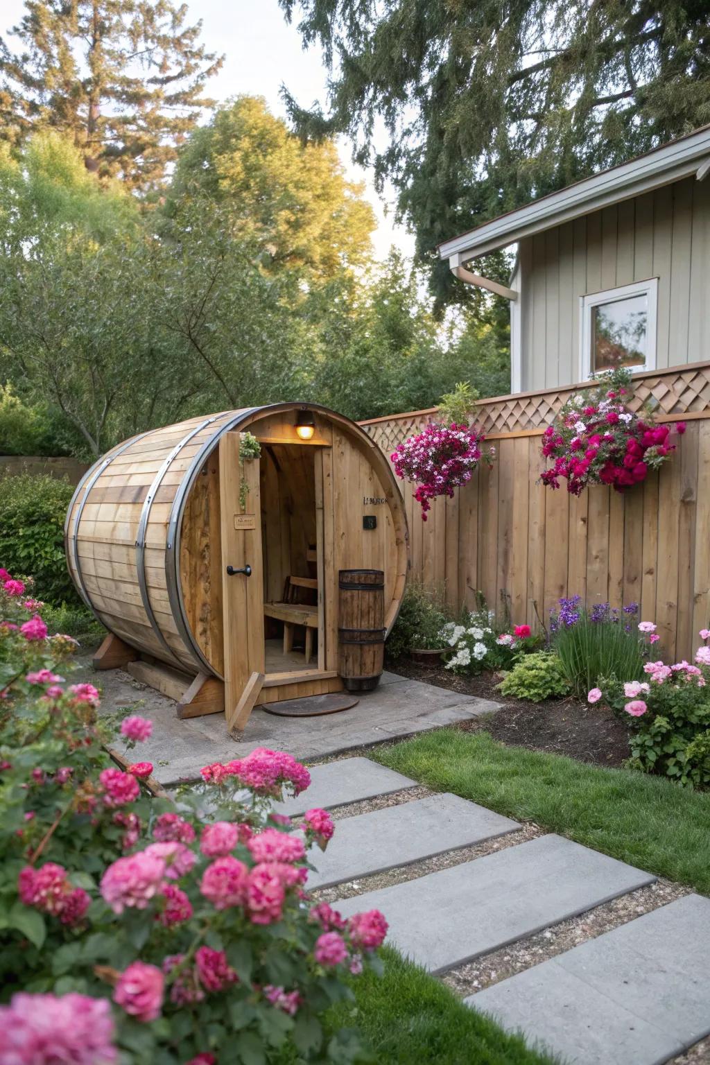 A snug barrel sauna for cozy spaces.