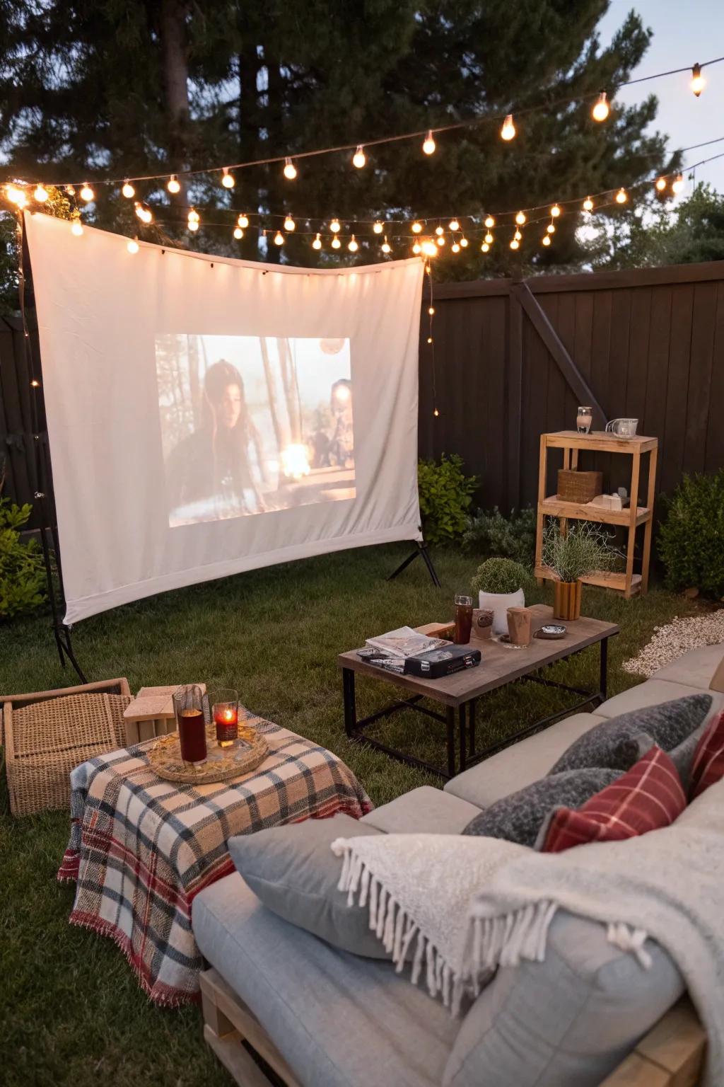 An inviting open-air cinema evening setup under the stars.