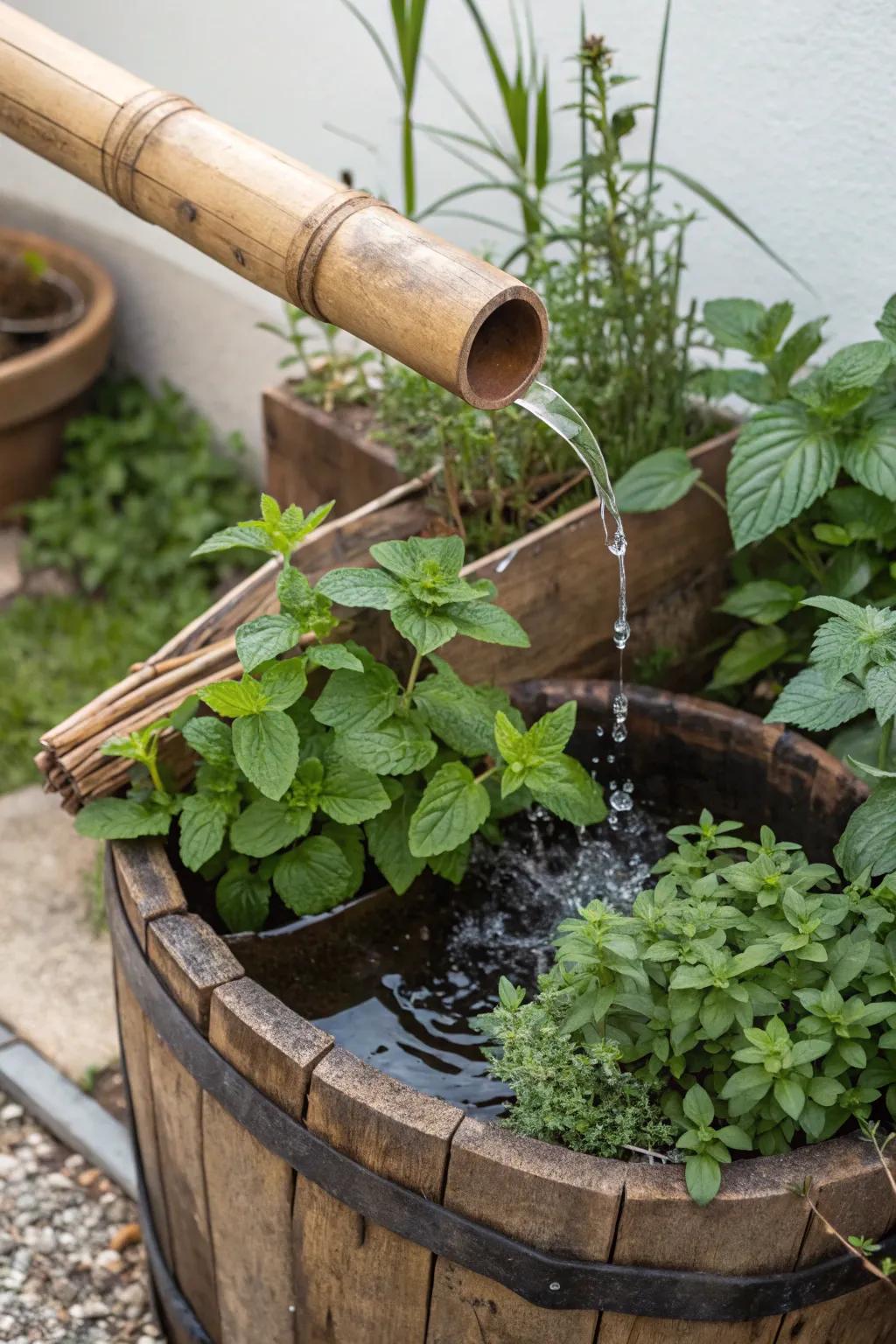 A country-style bamboo fountain with a wooden cask base in a garden.