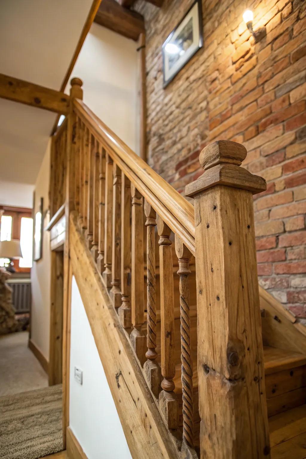 Pastoral charm showcased in a wooden banister against an exposed brick backdrop.