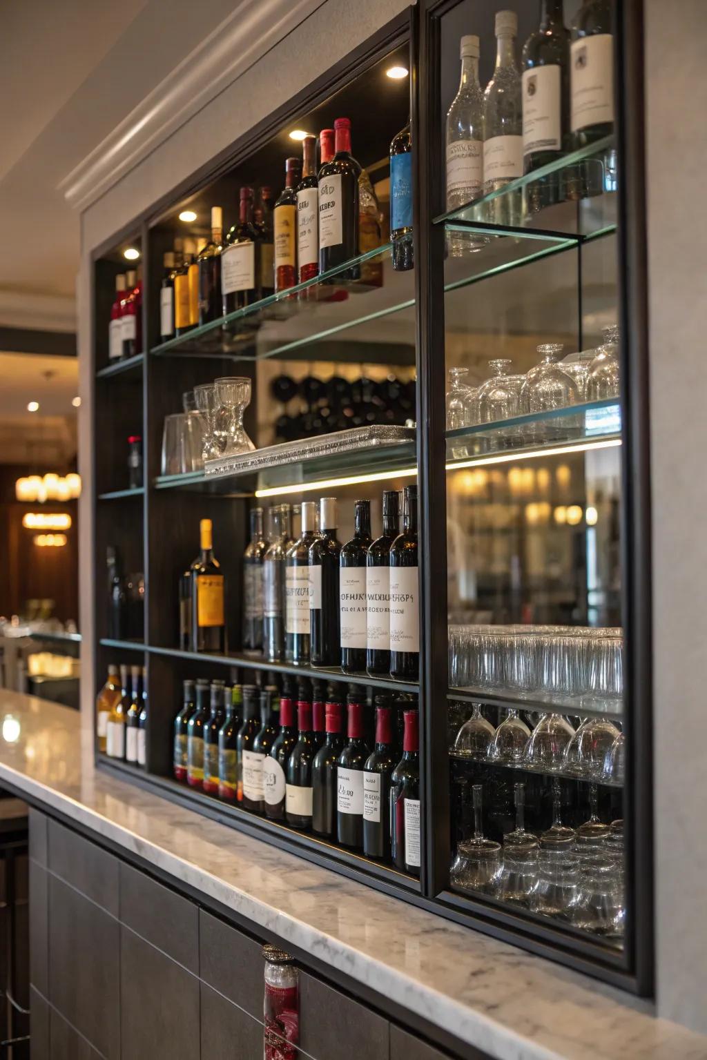 Wine storage units merged with a bar mirror creates beauty with practicality.