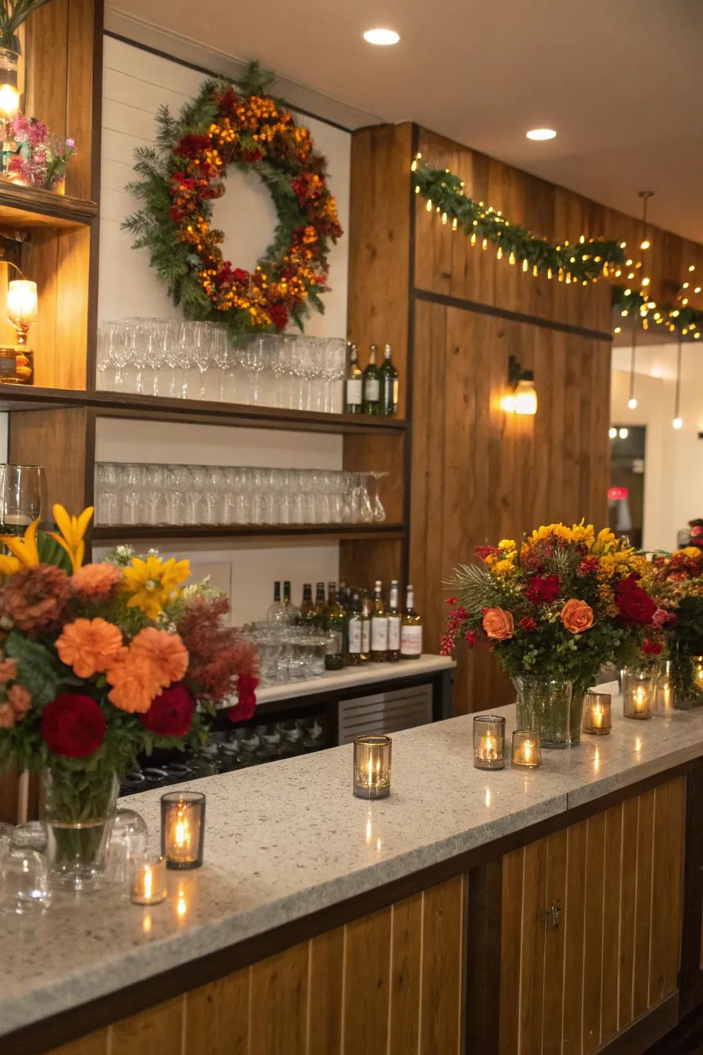 Seasonal decor adds warmth and charm to your bar setup.