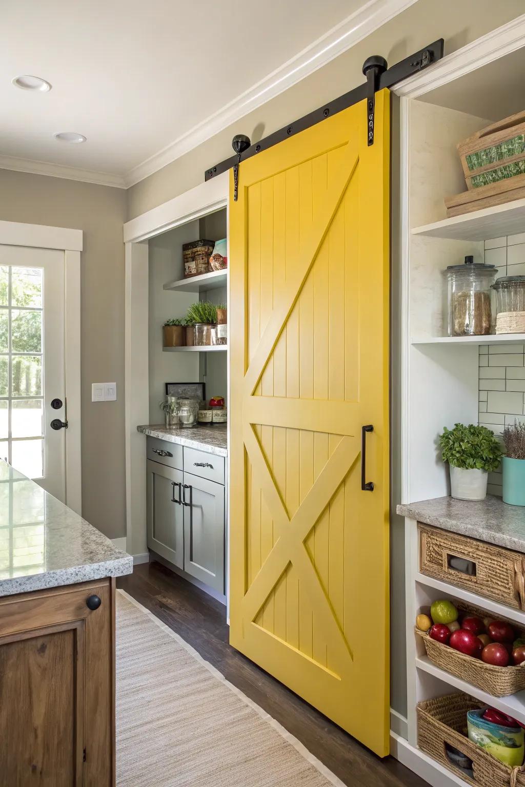 A kitchen adorned with a vividly painted sliding barn door pantry.