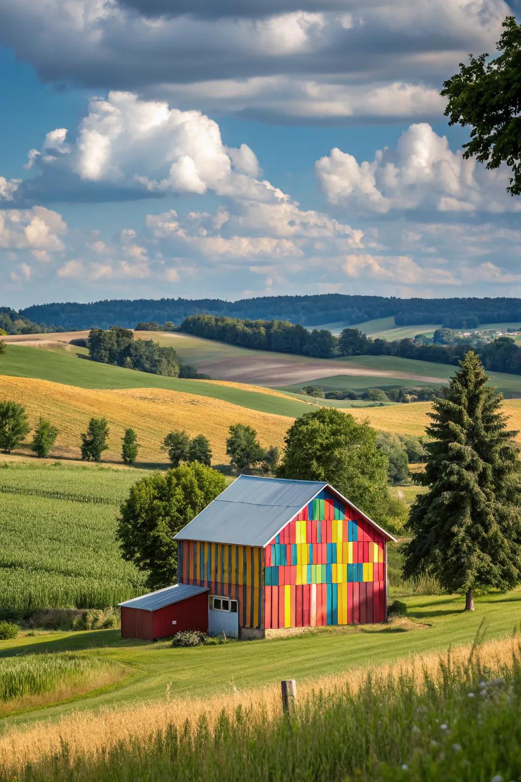 A barn flaunting a bright color story that adds spark to its setting.