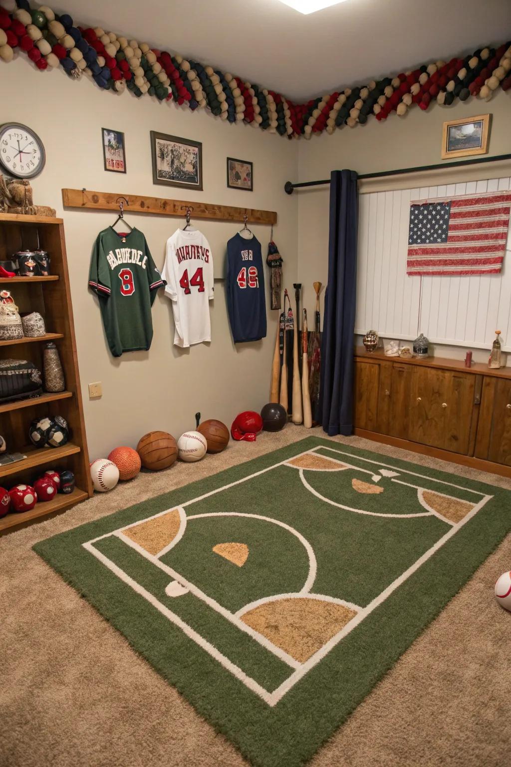 A rug designed like a baseball field secures the room in its sporty core.