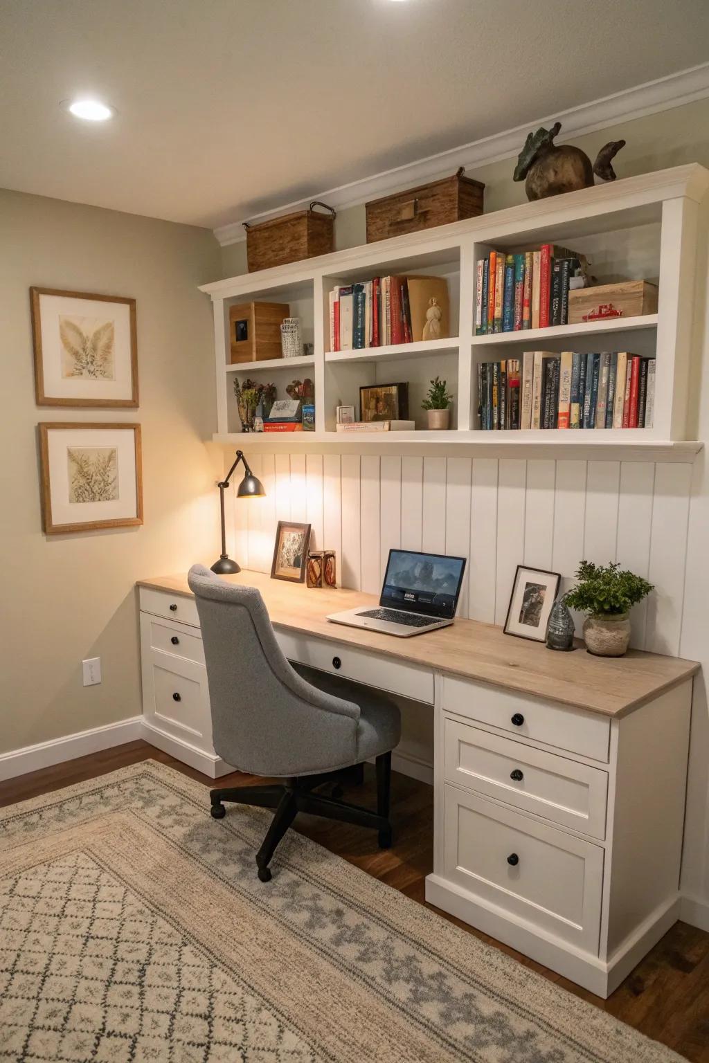 Home office showcasing DIY baseboard trim harmonizing with the walls.
