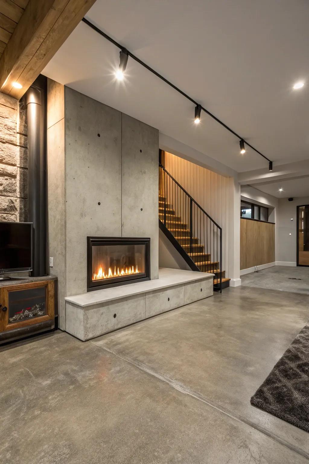 A fireplace matched with cement floors creates a warm and welcoming basement escape.
