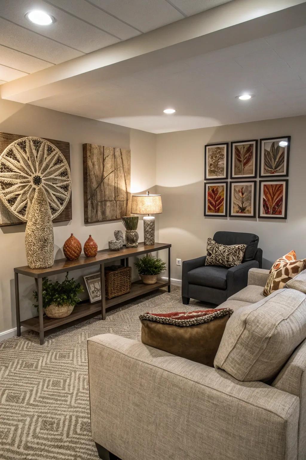 Wall decorations give a personal stamp to this chic basement room.