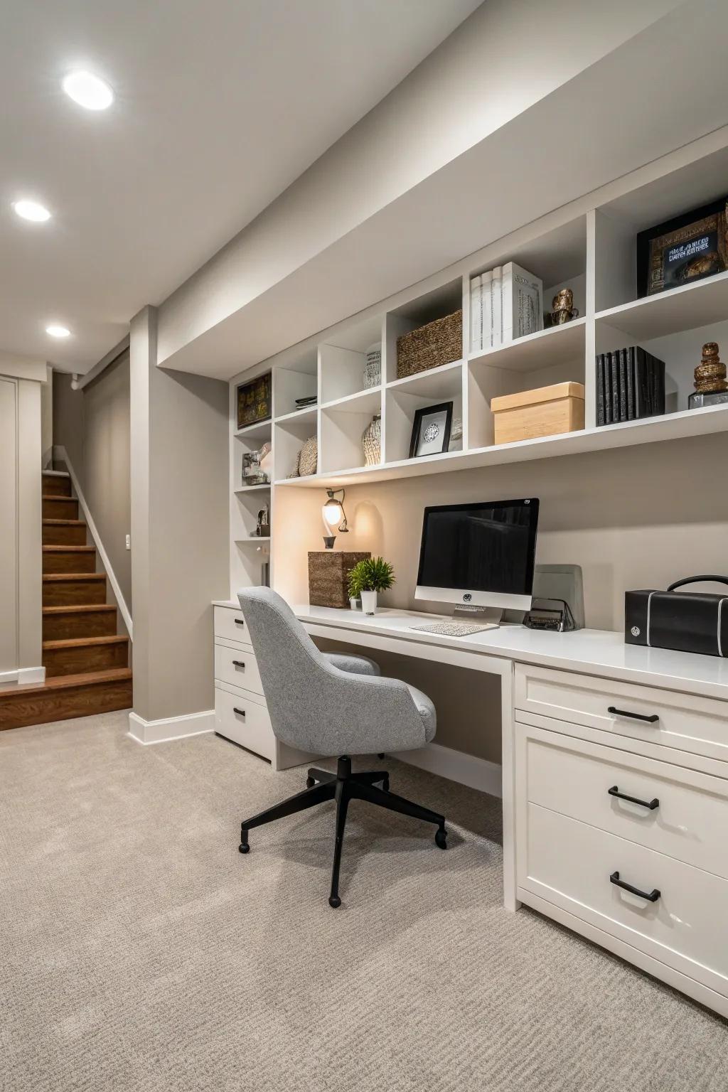 Simple furniture keeps your basement office neat and peaceful.