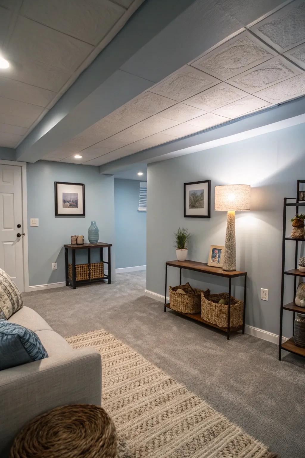 Soothing azure walls evoke a sense of calm and relaxation.