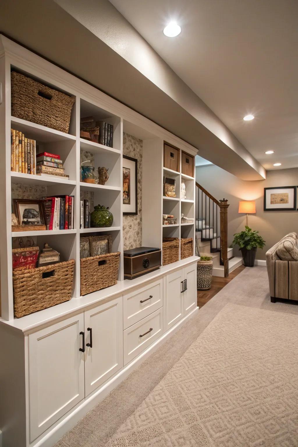 Built-in shelves establish a seamless and refined storage solution.