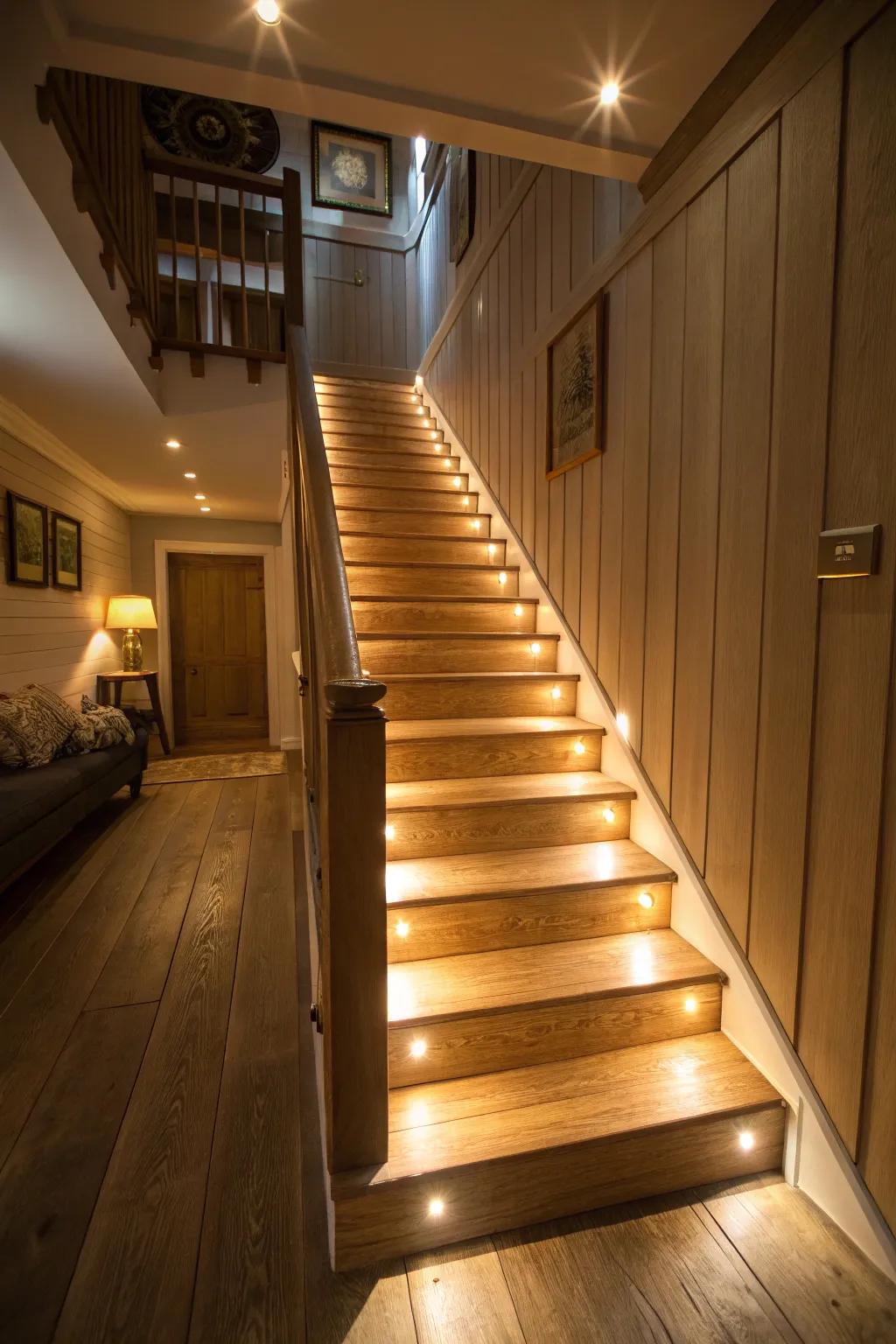 Brighten your basement steps via ambient built-in illumination.
