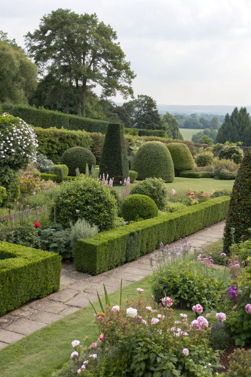 Bushes and shrubs enhance structure and seclusion.
