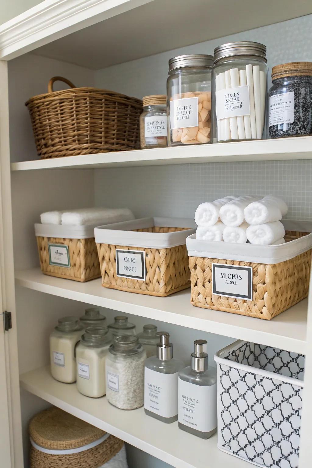 Clearly labeled baskets and jars for straightforward and efficient organization.