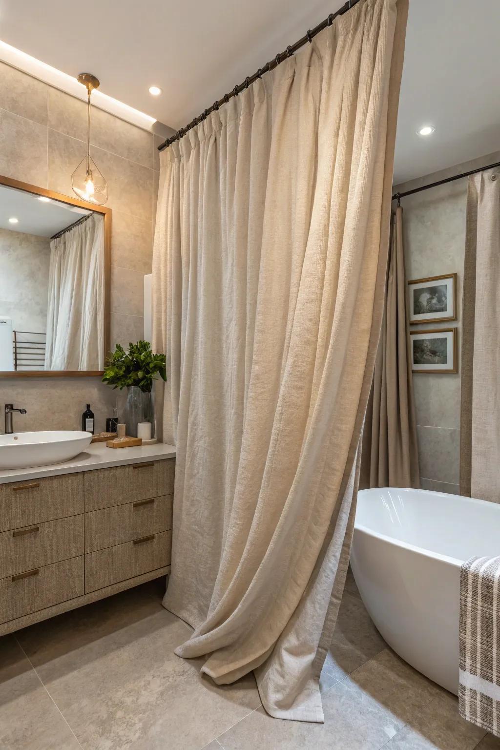 Your restroom design gains a degree of elegance from textured fabrics.