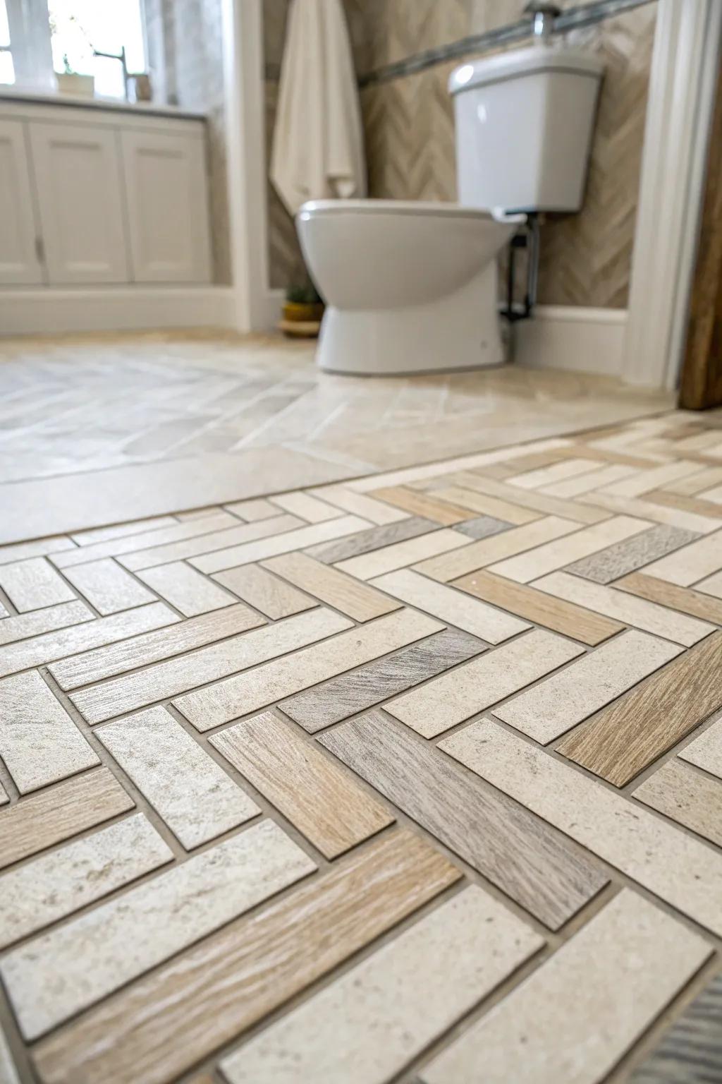 Parquet designs fill movement and refinement into washroom floors.