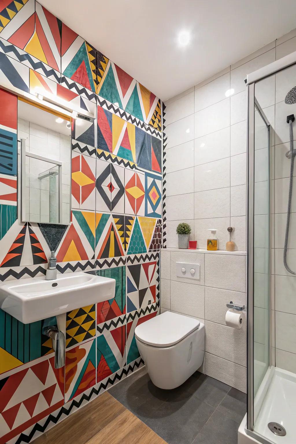 A bathroom showcasing striking, eye-catching tiles that impart a distinctive character.