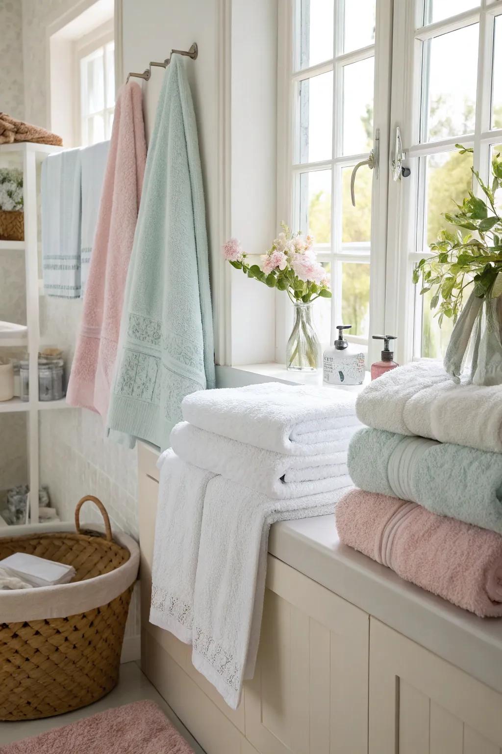 Snow-white and pastel textiles contribute a serene element to your bathroom.