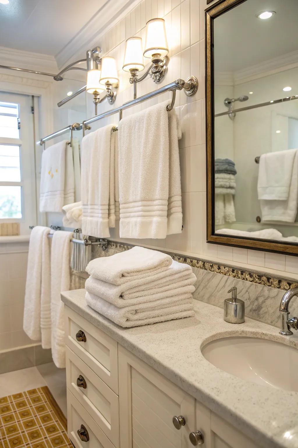 With the help of bars and hooks, neatly display your towels.