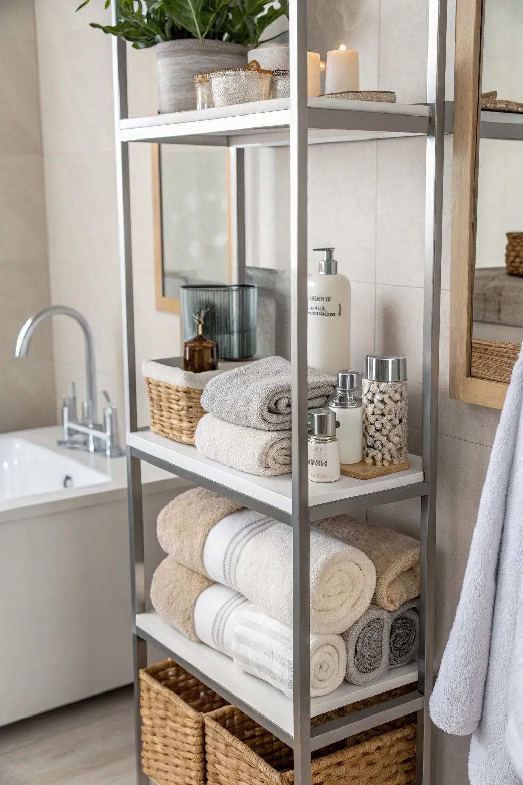 Optimize dimensions with tiered arrangements that function as towel accommodations.