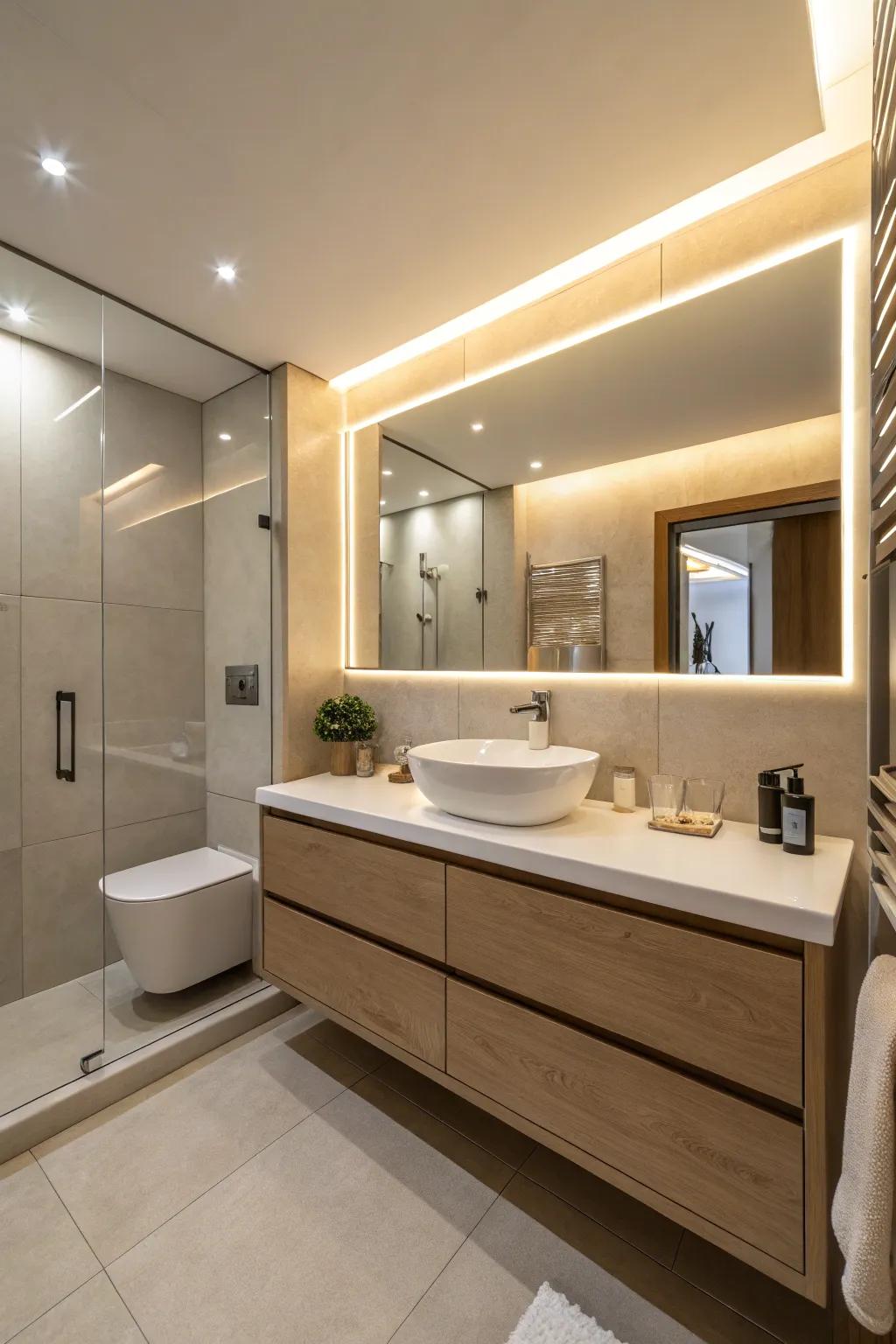 Integrated lighting in trim adds modern functionality and ambiance.