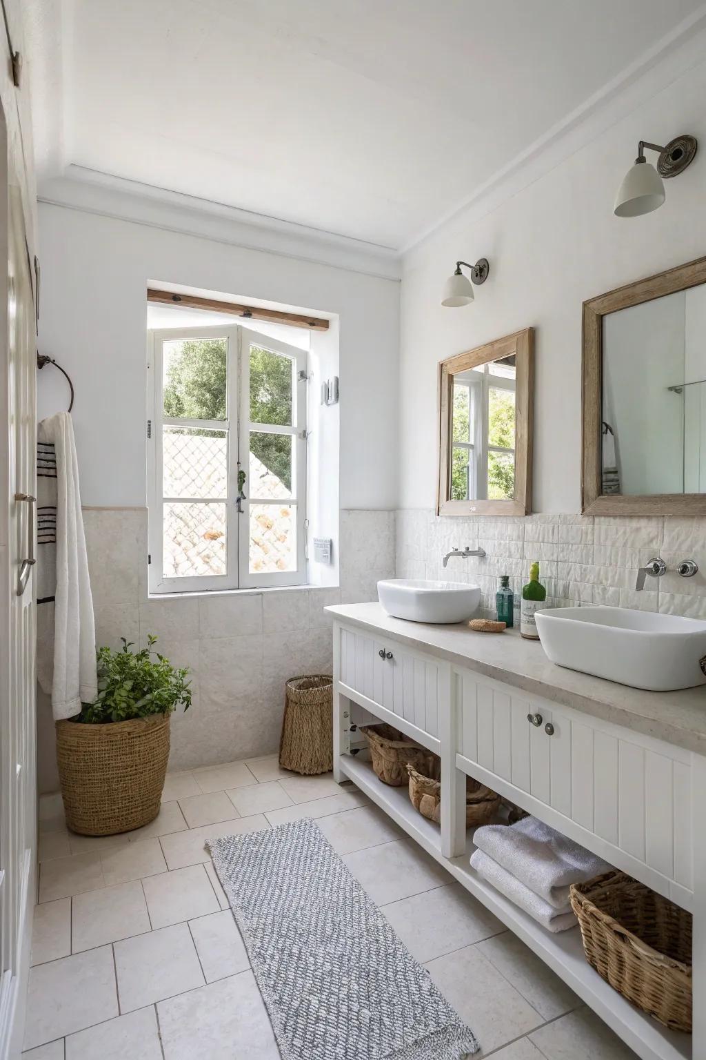 Bright and subtle colors make a bright and breezy washroom area.
