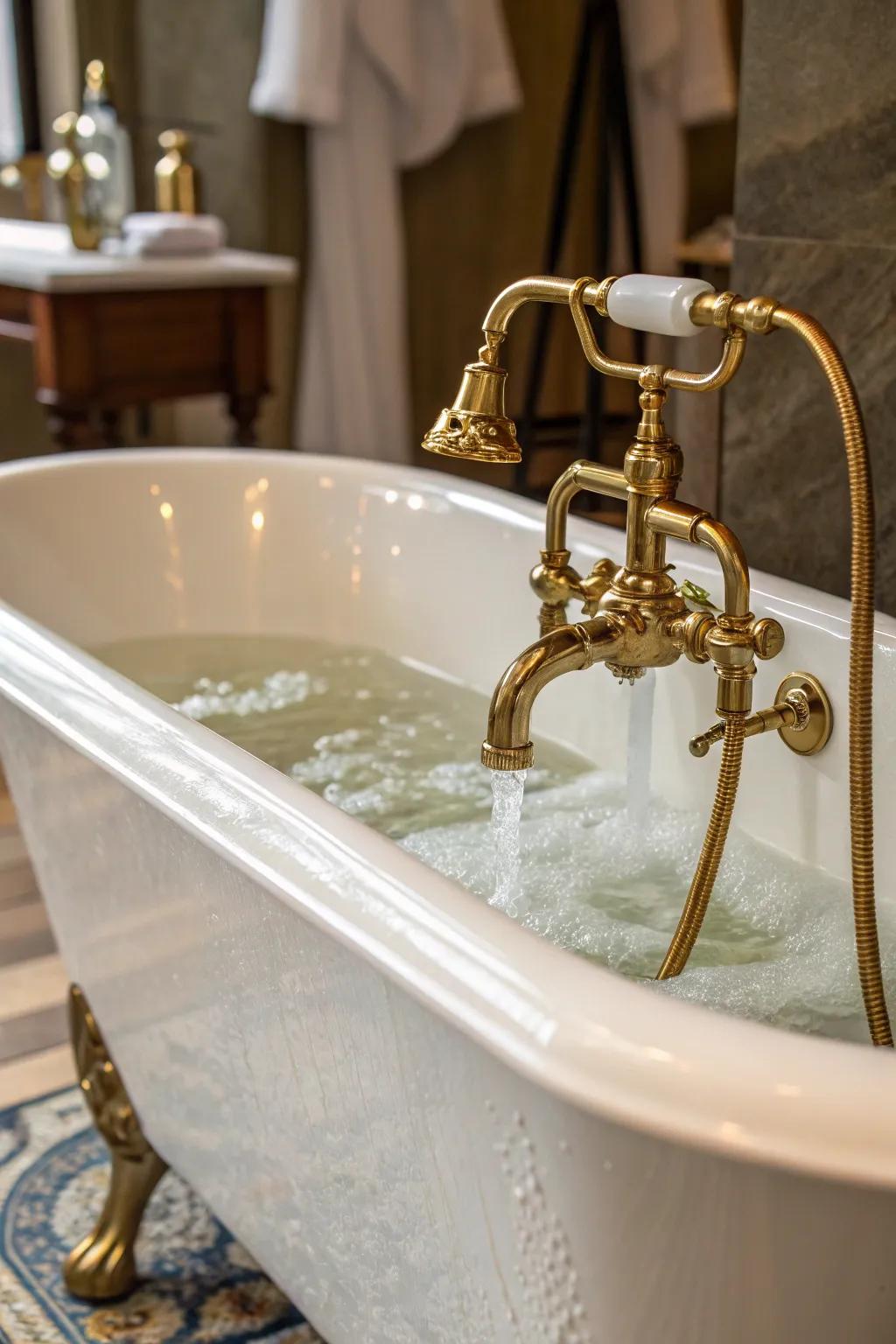 Brass hardware contributes an opulent touch to this bathtub.