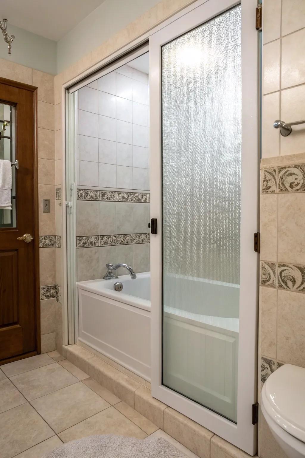 Frosted glass doors provide privacy while maintaining a stylish edge.