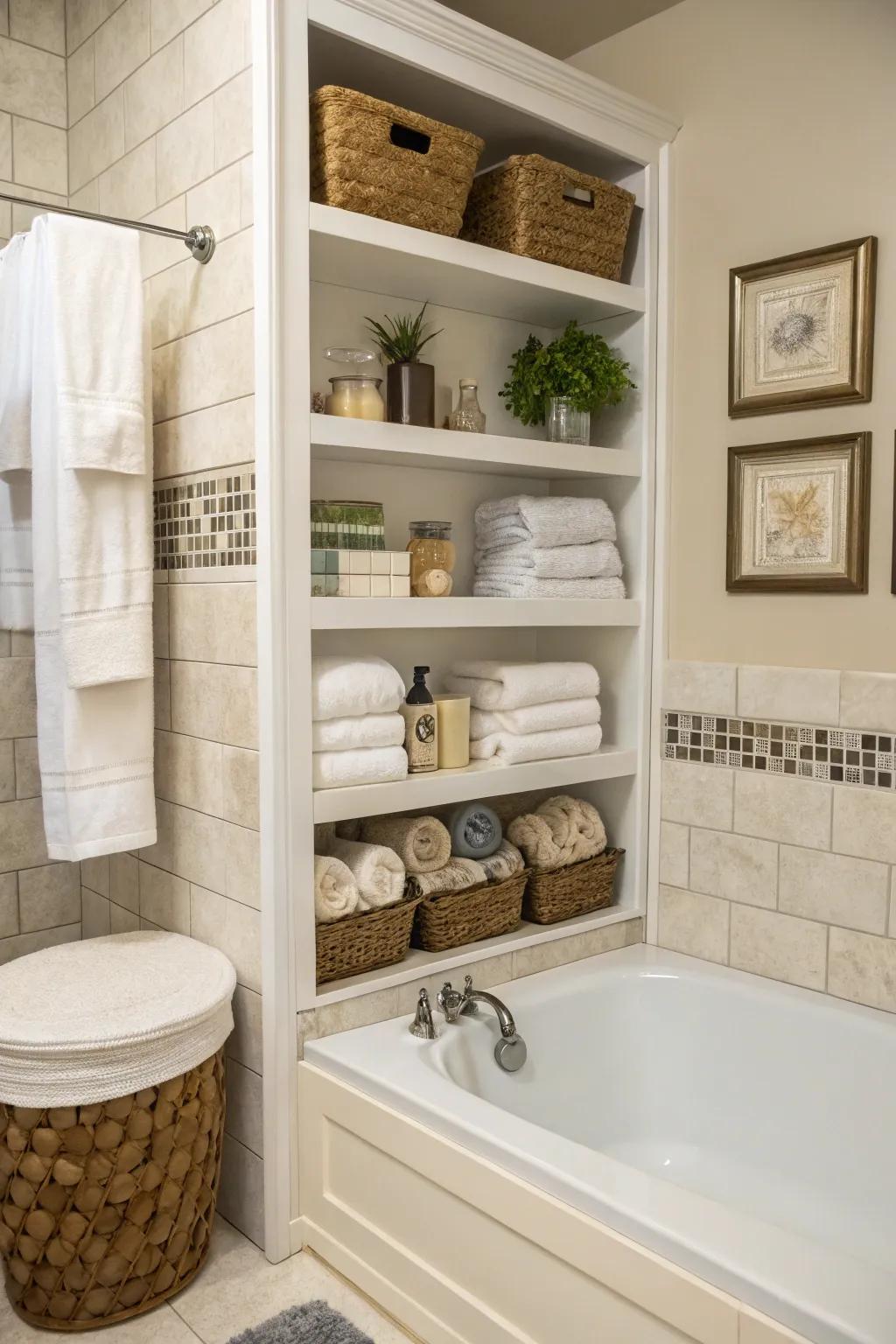 Practical shelving near your bathtub keeps your space orderly and stylish.