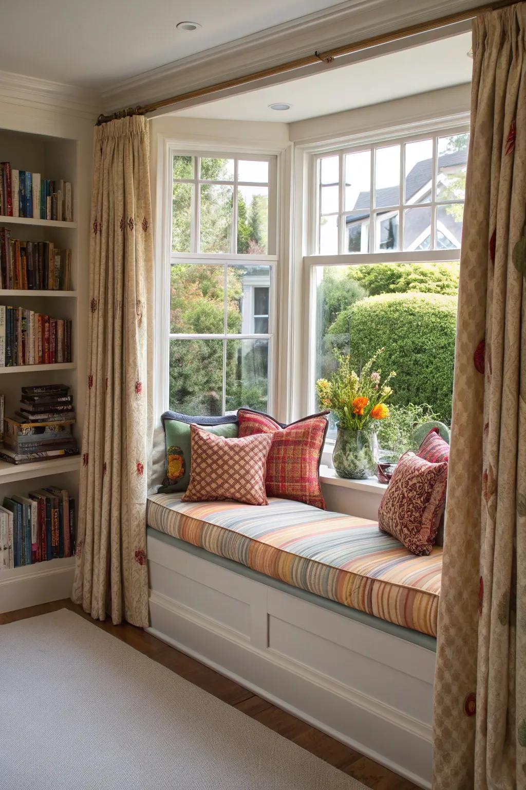 Create a welcoming corner through the integration of corresponding seating and drapes.