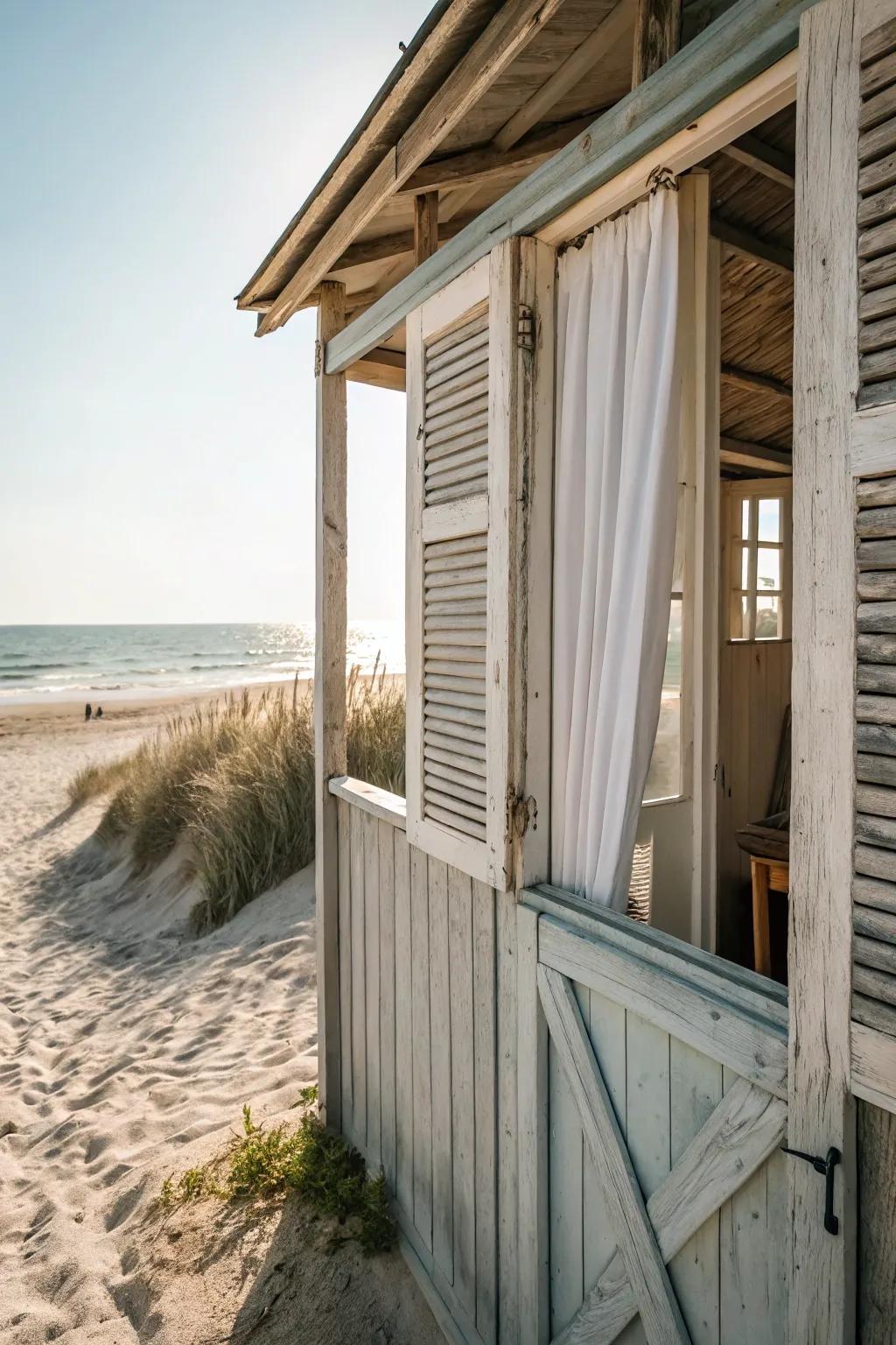Open-air shutters welcome a coastal breeze into the beach shed.