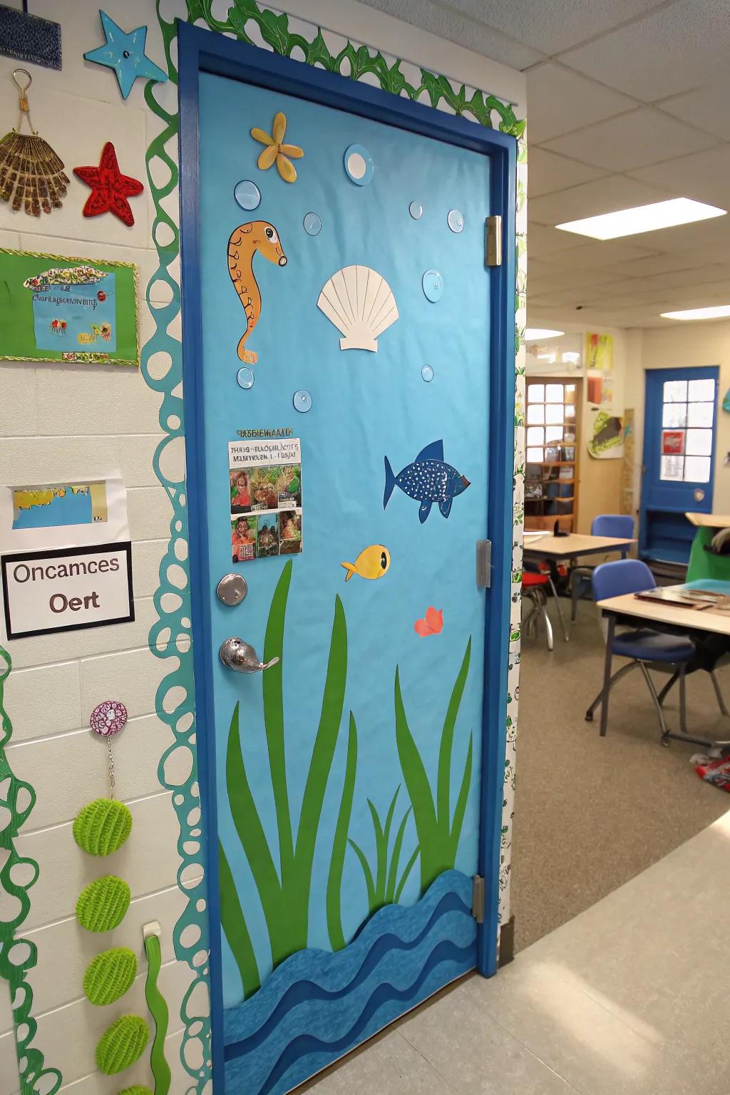 A tranquil classroom entrance featuring coastal hues and maritime-inspired details.