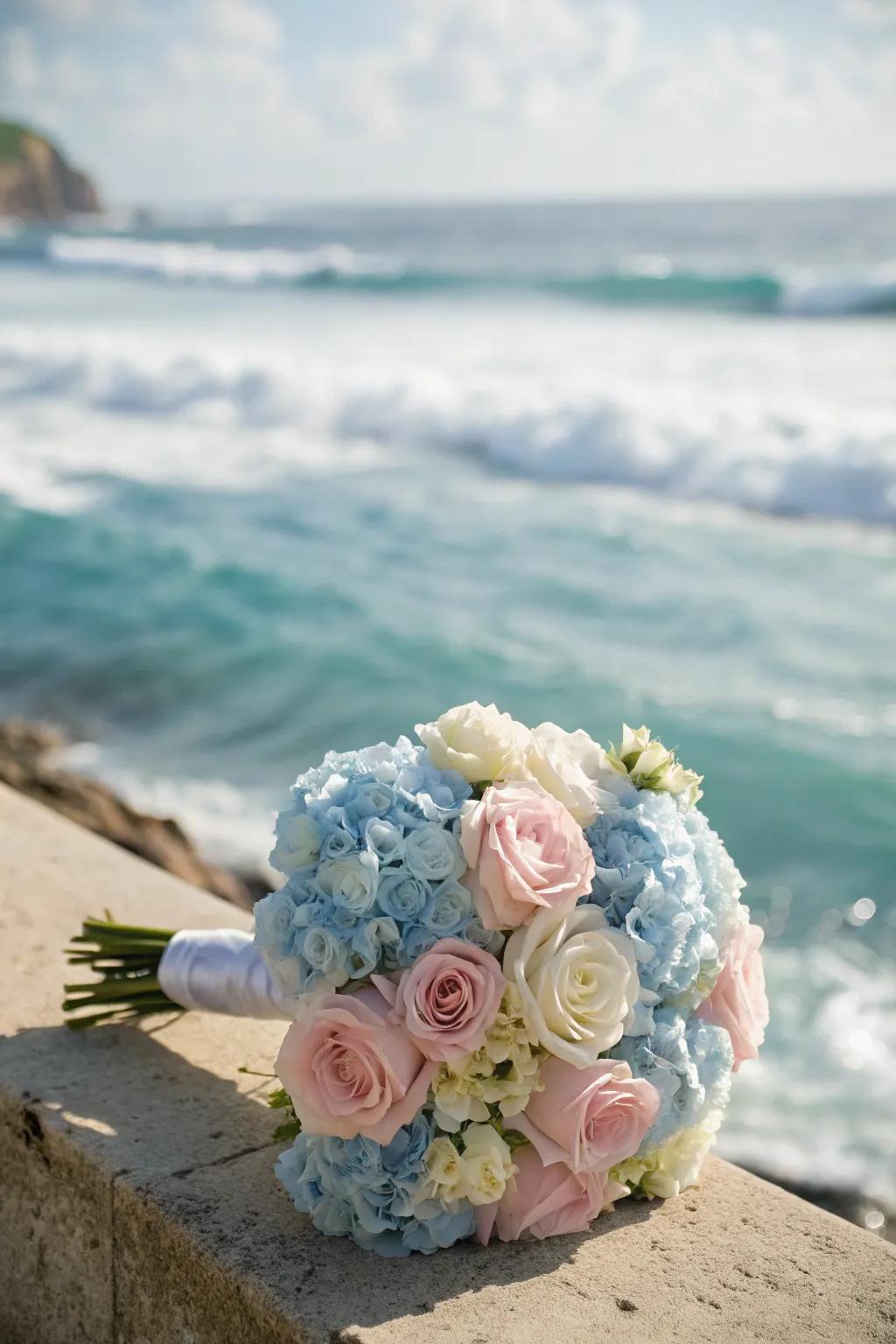 A whisper of pastels, a bouquet that breathes romance into the beach air.