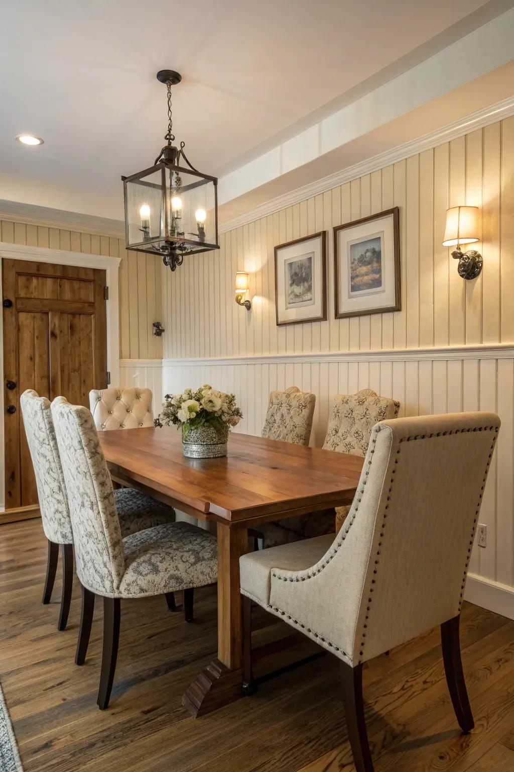 A wall panel accent wall adds texture to dining areas.