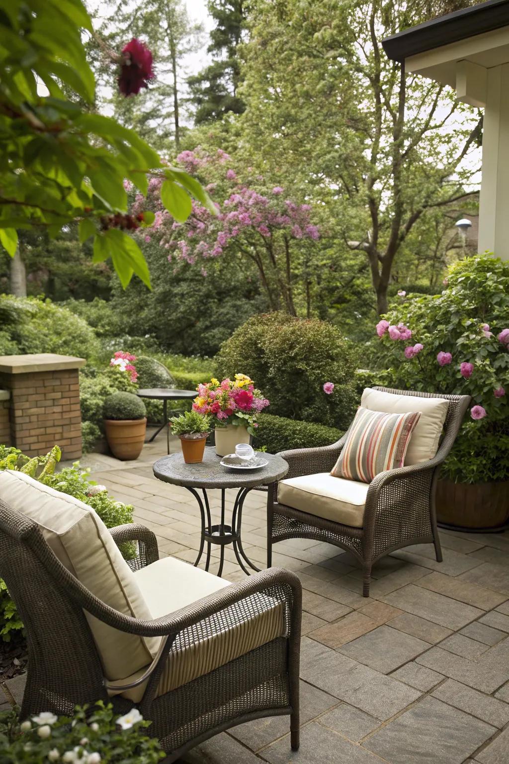 A cozy seating area within a lush garden, designed for relaxation and enjoyment.