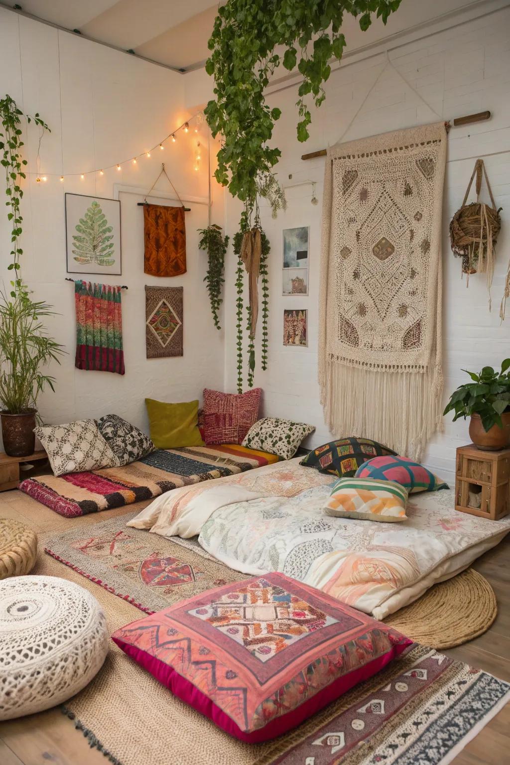 With a textured floor bed setting, appreciate the charm of bohemian design.