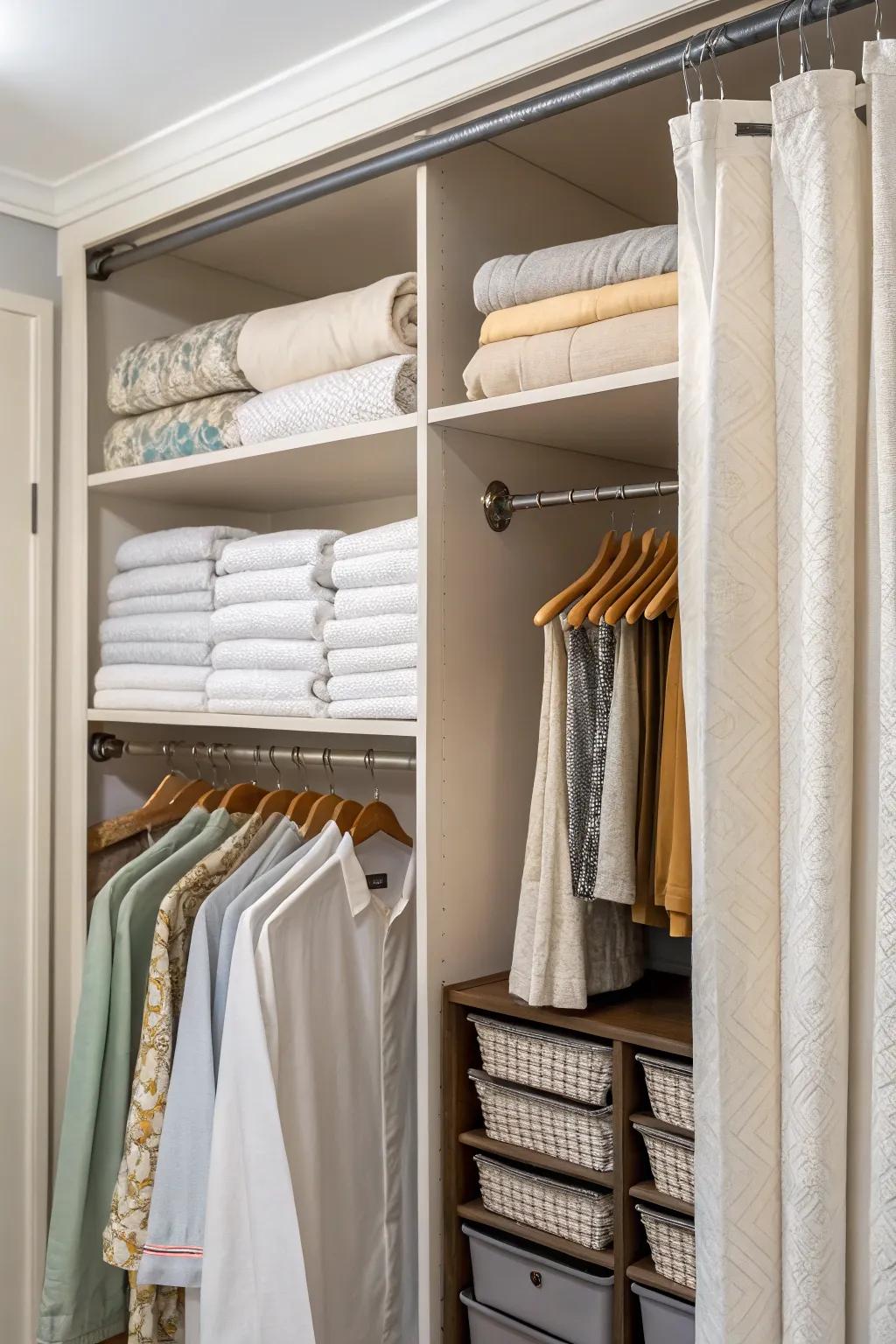 Hanging storage maximizes space and prevents wrinkles.