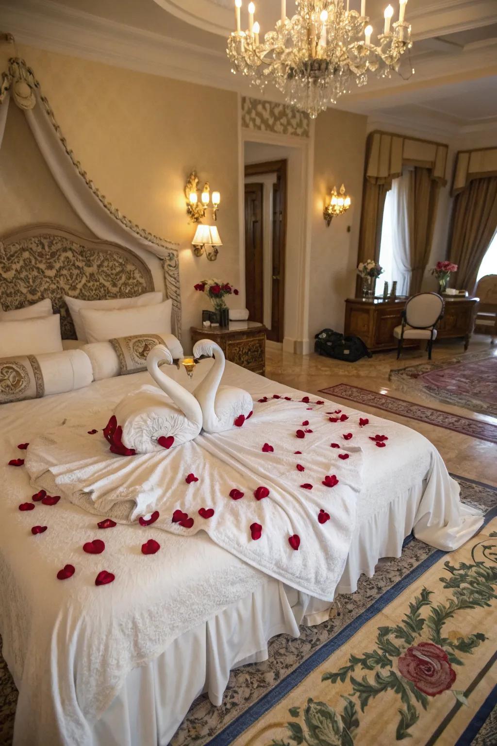 Delicate towel sculptures adorned with rose petals for an opulent touch.