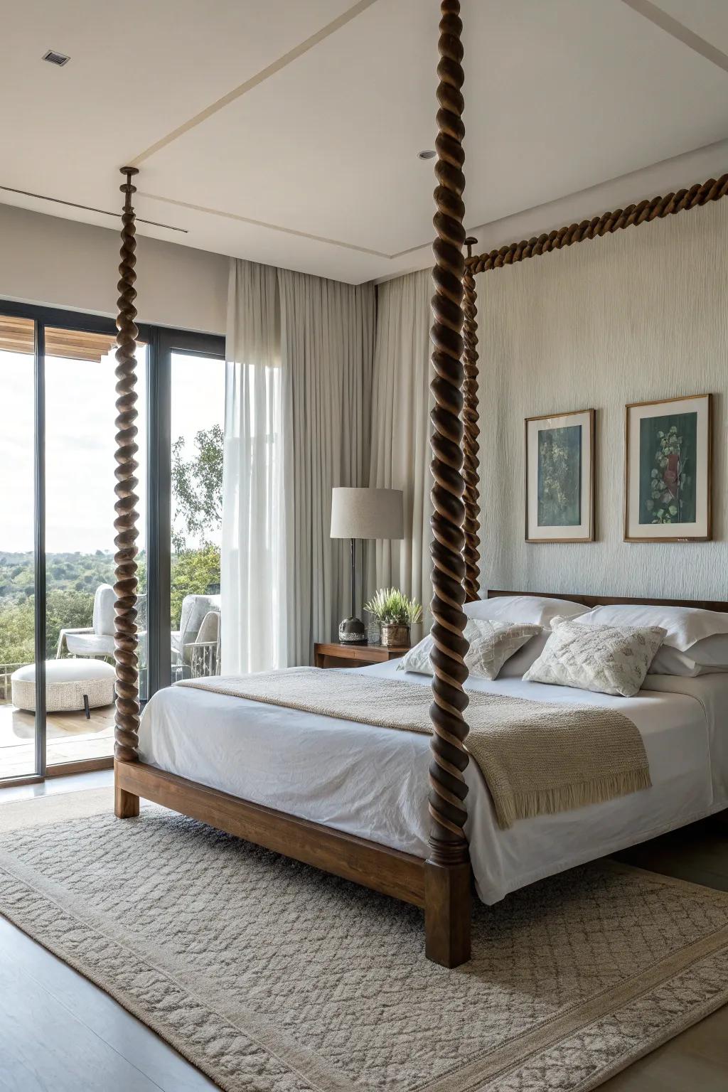 Twisted bedposts introduce dynamic visual intrigue to your decor.