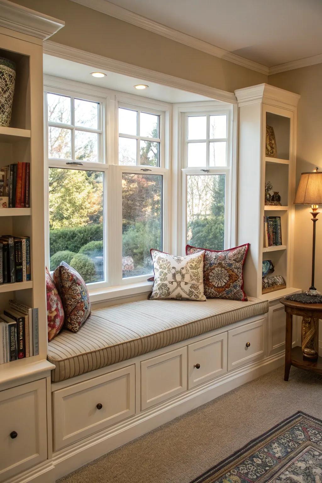 Fuse seating with storage in a stylish window seat.