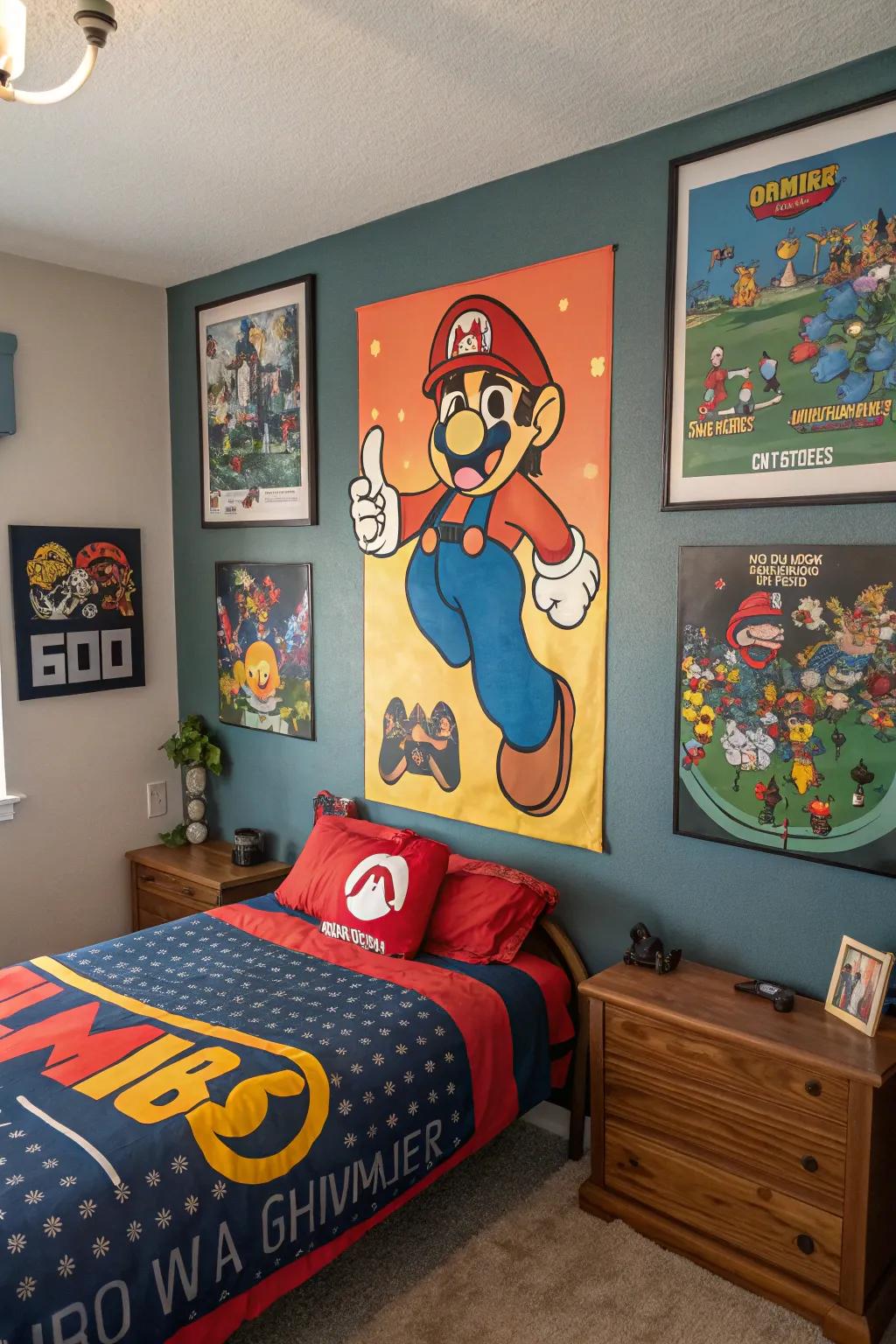 Artistic wall displays personalize your gaming space.